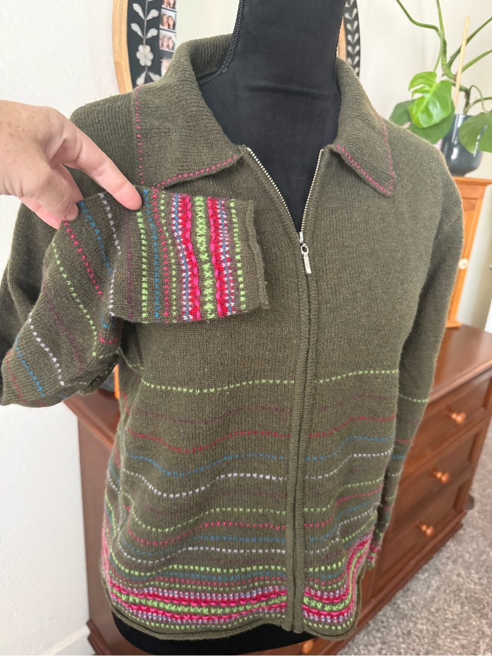 Vintage Cousin Johnny Olive Knit Bomber Jacket w Multicolor Stipe Knit 100% wool